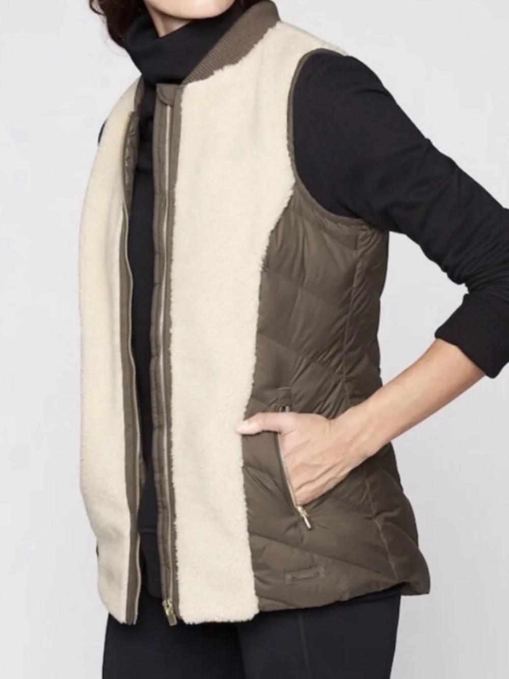 Athleta Brown Quilted Puffer Vest with Cream Sherpa Front Women's XS